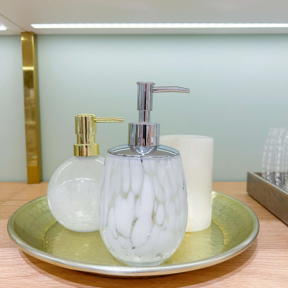 PORTA SABONETE LIQUIDO DE VIDRO BRANCO E DOURADO