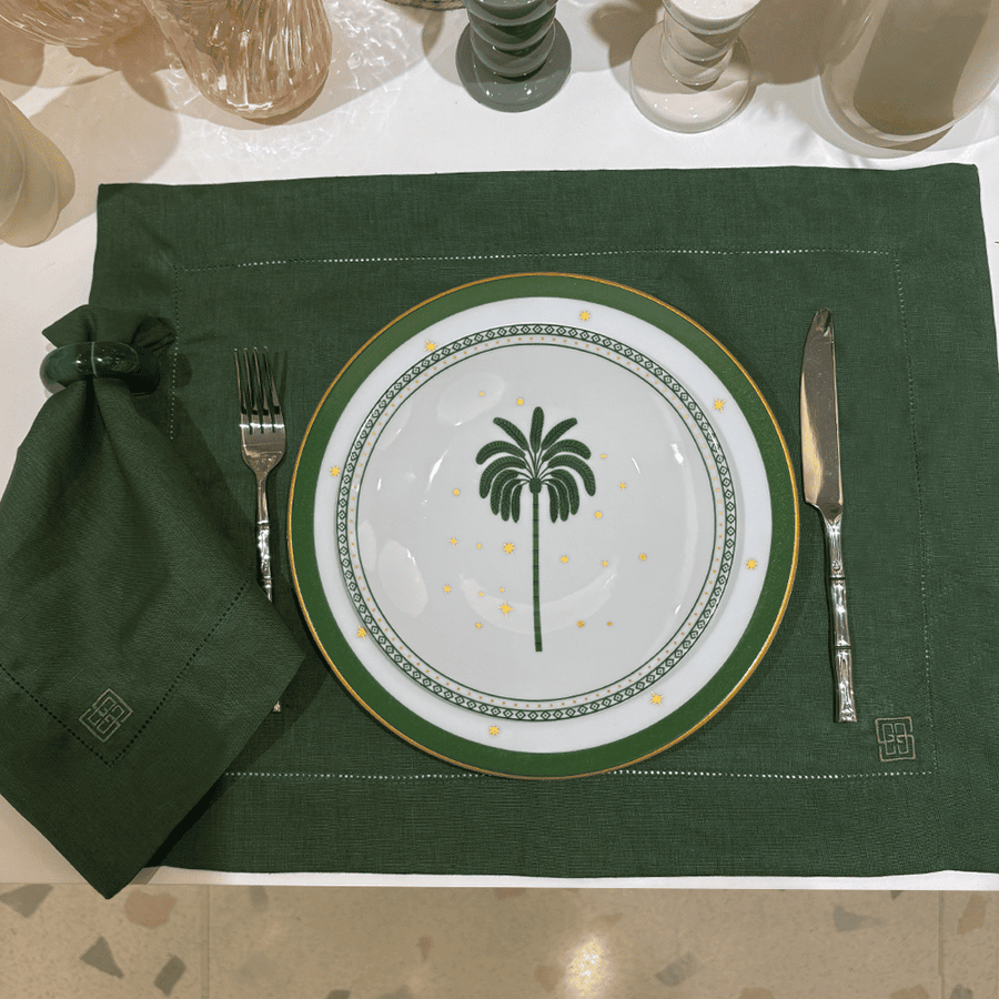 JOGO AMERICANO DE LINHO PURO BARRA LARGA PREMIUM VERDE OLIVA