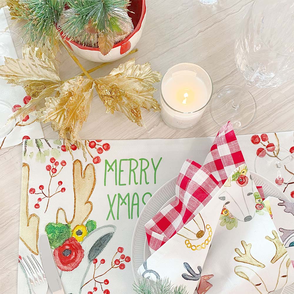 JOGO AMERICANO ESTAMPADO DE ALGODÃO RENAS DE NATAL 44X39 CM