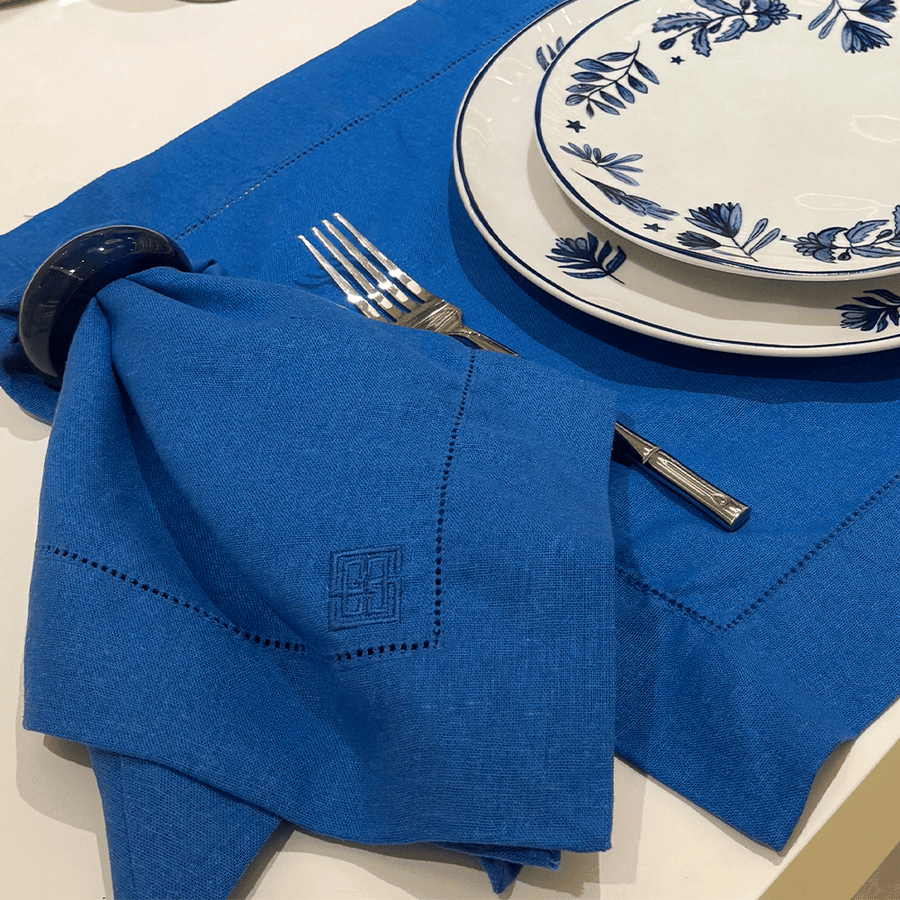 GUARDANAPO DE LINHO VISCO BARRA LARGA PREMIUM AZUL CABALTO 55X55 CM