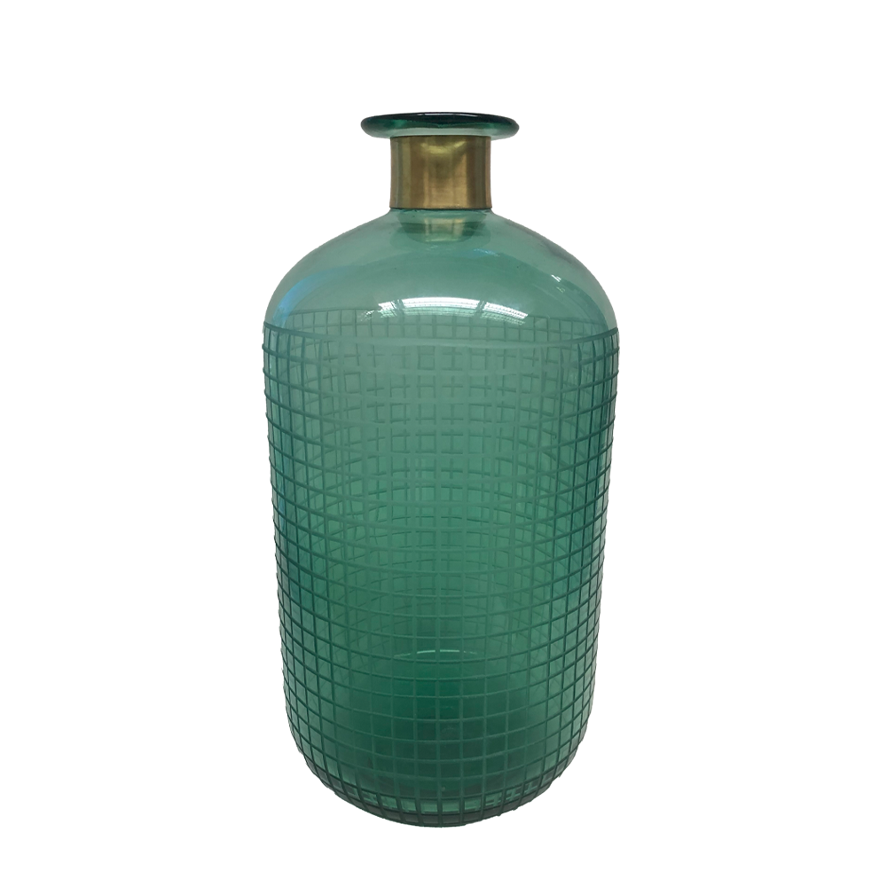 VASO GARRAFA LAPIDAÇÃO XADREZ VERDE OLIVA 32CM X 16CM