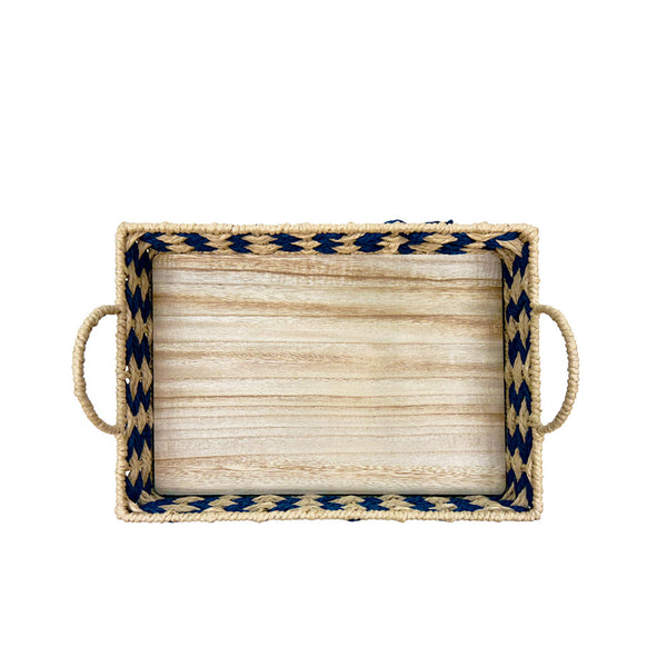 BANDEJA EM MADEIRA PALHA ENTRELACE AZUL M 35x25CM