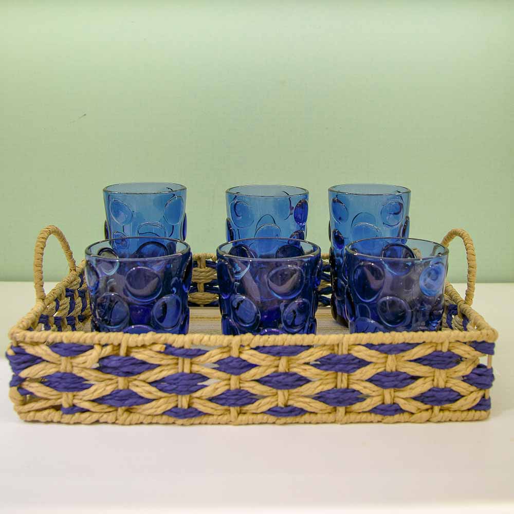 BANDEJA EM MADEIRA PALHA ENTRELACE AZUL M 35x25CM