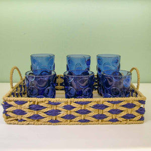 BANDEJA EM MADEIRA PALHA ENTRELACE AZUL M 35x25CM