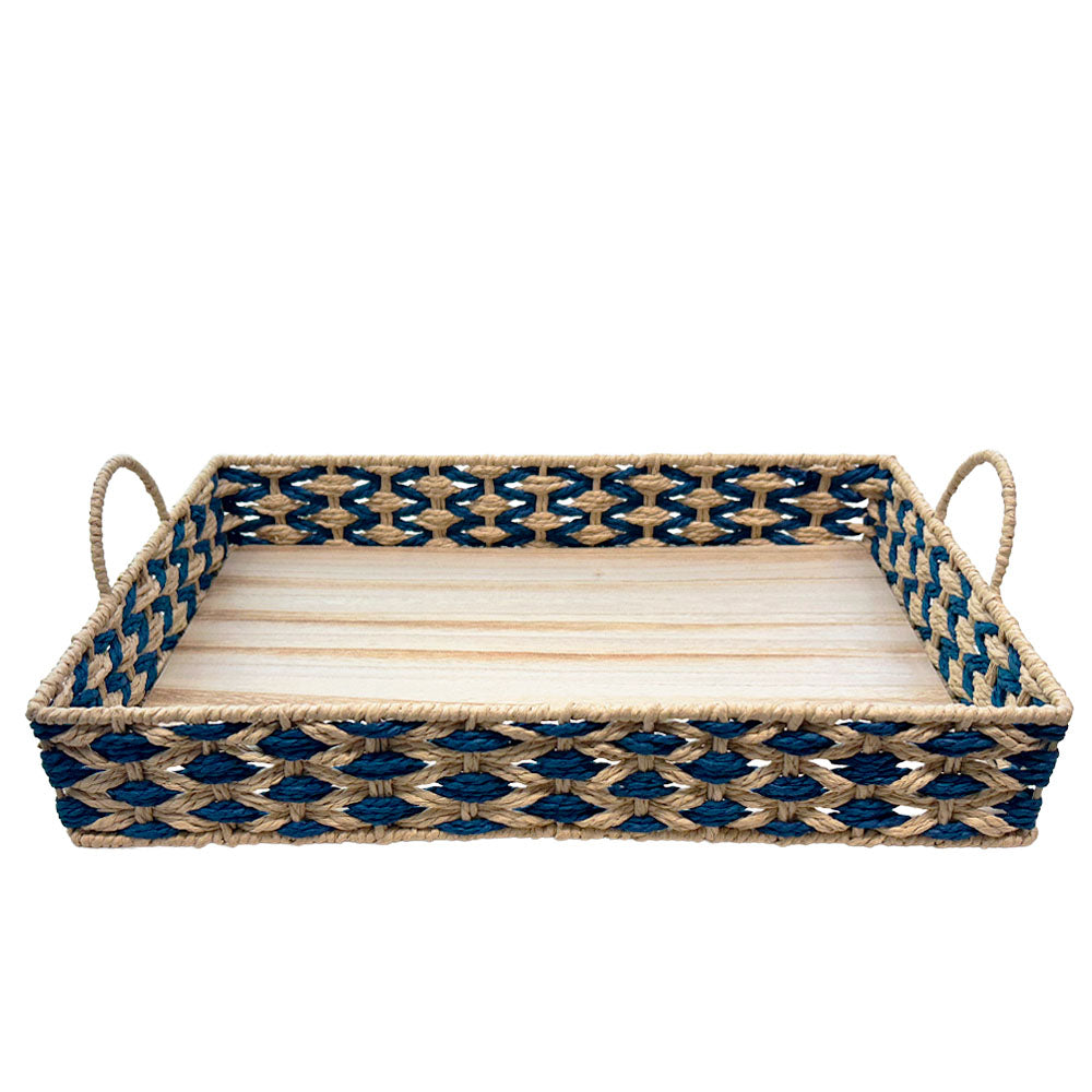 BANDEJA EM MADEIRA PALHA ENTRELACE AZUL G 48x32CM