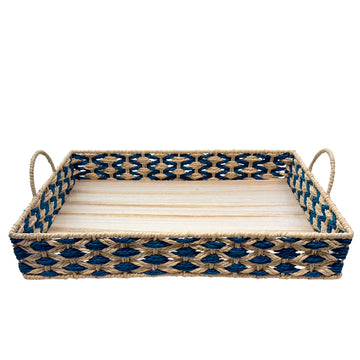 BANDEJA EM MADEIRA PALHA ENTRELACE AZUL G 48x32CM