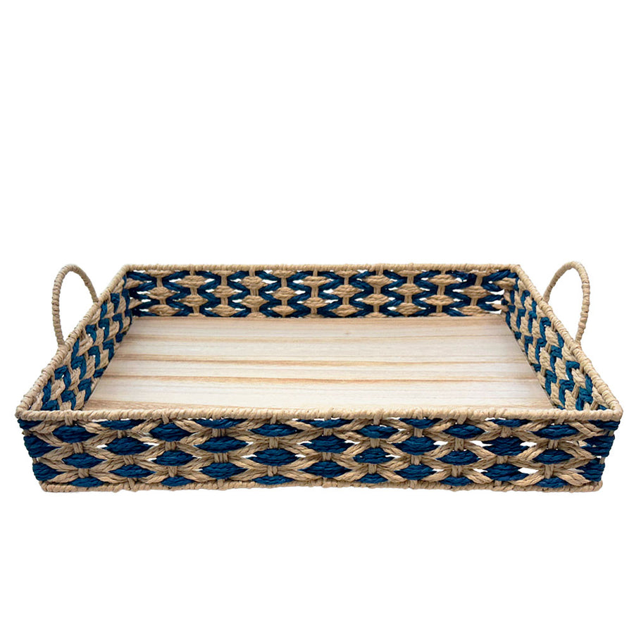 BANDEJA EM MADEIRA PALHA ENTRELACE AZUL G 48x32CM
