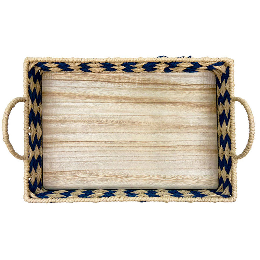 BANDEJA EM MADEIRA PALHA ENTRELACE AZUL G 48x32CM