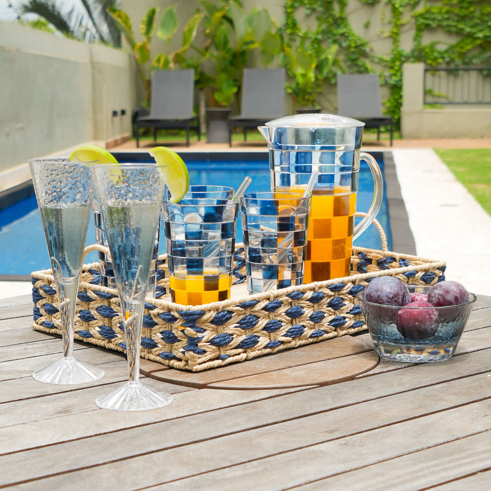 BANDEJA EM MADEIRA PALHA ENTRELACE AZUL G 48x32CM