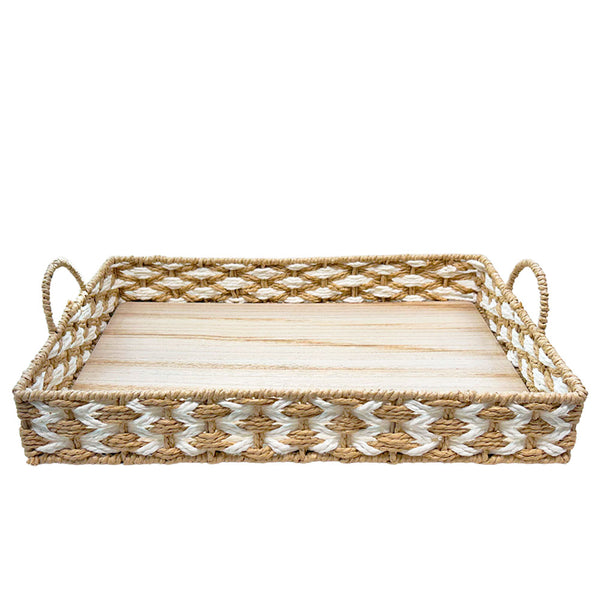 BANDEJA EM MADEIRA PALHA ENTRELACE BEGE G 48X32CM