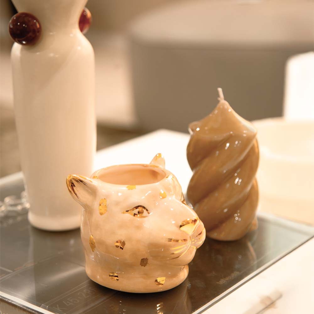 VASO CERÂMICA ARTESANAL COM OURO BEGE LEOPARDO P 7CM