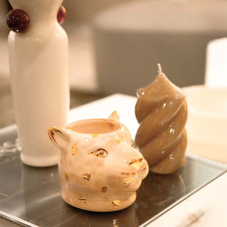 VASO CERÂMICA ARTESANAL COM OURO BEGE LEOPARDO P