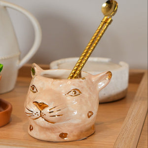 VASO CERÂMICA ARTESANAL COM OURO BEGE LEOPARDO P 7CM