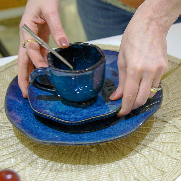 XÍCARA COM PIRES CERÂMICA AZUL