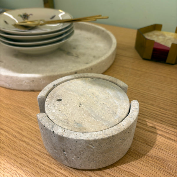 PORTA COPO MÁRMORE TRAVERTINO 10CM C/6 PECAS E SUPORTE