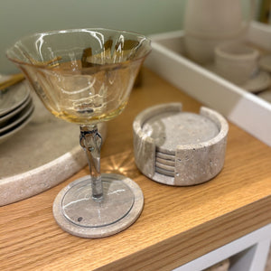 PORTA COPO MÁRMORE TRAVERTINO 10CM C/6 PECAS E SUPORTE