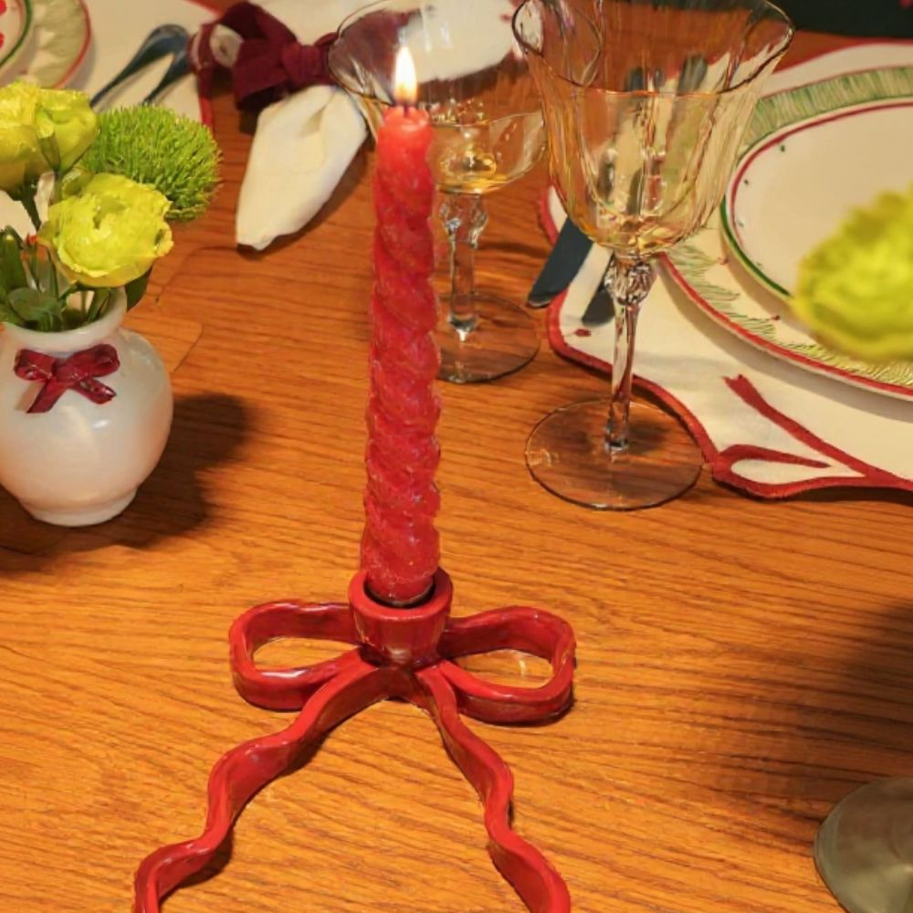 CASTIÇAL CERÂMICA ARTESANAL LAÇO VERMELHO NATAL