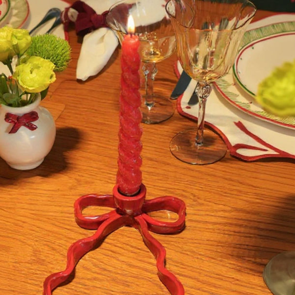 CASTIÇAL CERÂMICA ARTESANAL LAÇO VERMELHO NATAL