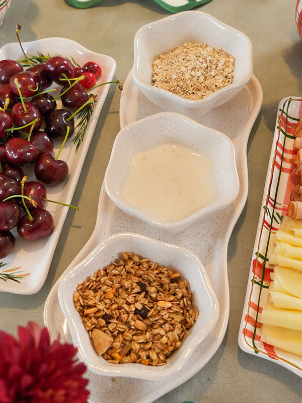 SET APERITIVO BANDEJA E 3 BOWLS CERÂMICA AREIA BRANCA