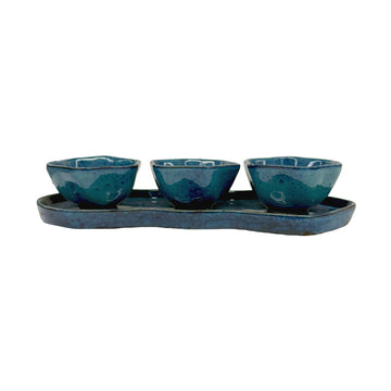 SET APERITIVO BANDEJA E 3 BOWLS CERÂMICA  AZUL