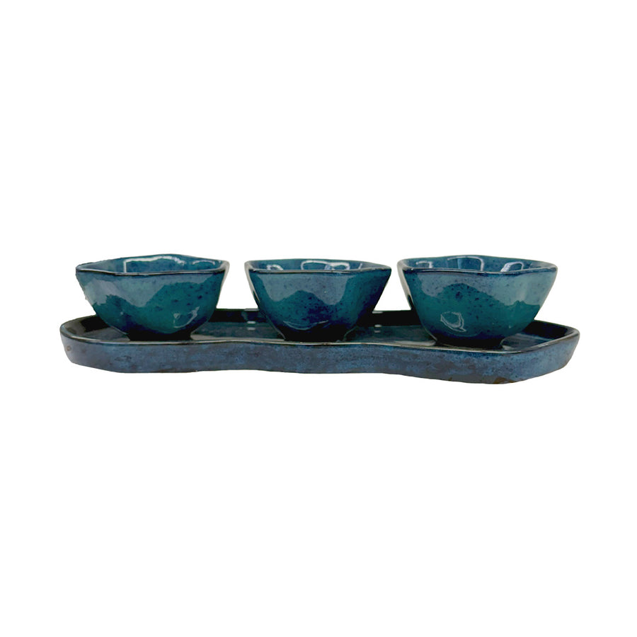 SET APERITIVO BANDEJA E 3 BOWLS CERÂMICA  AZUL