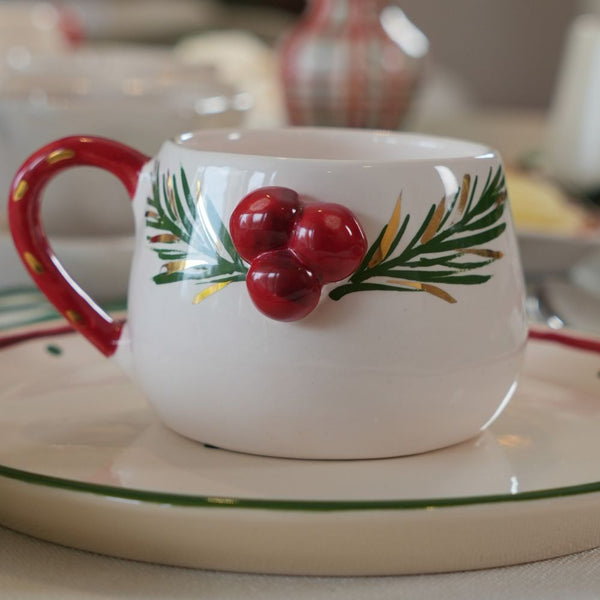 CANECA DE CERÂMICA FEITA À MÃO AZEVINHOS NATAL