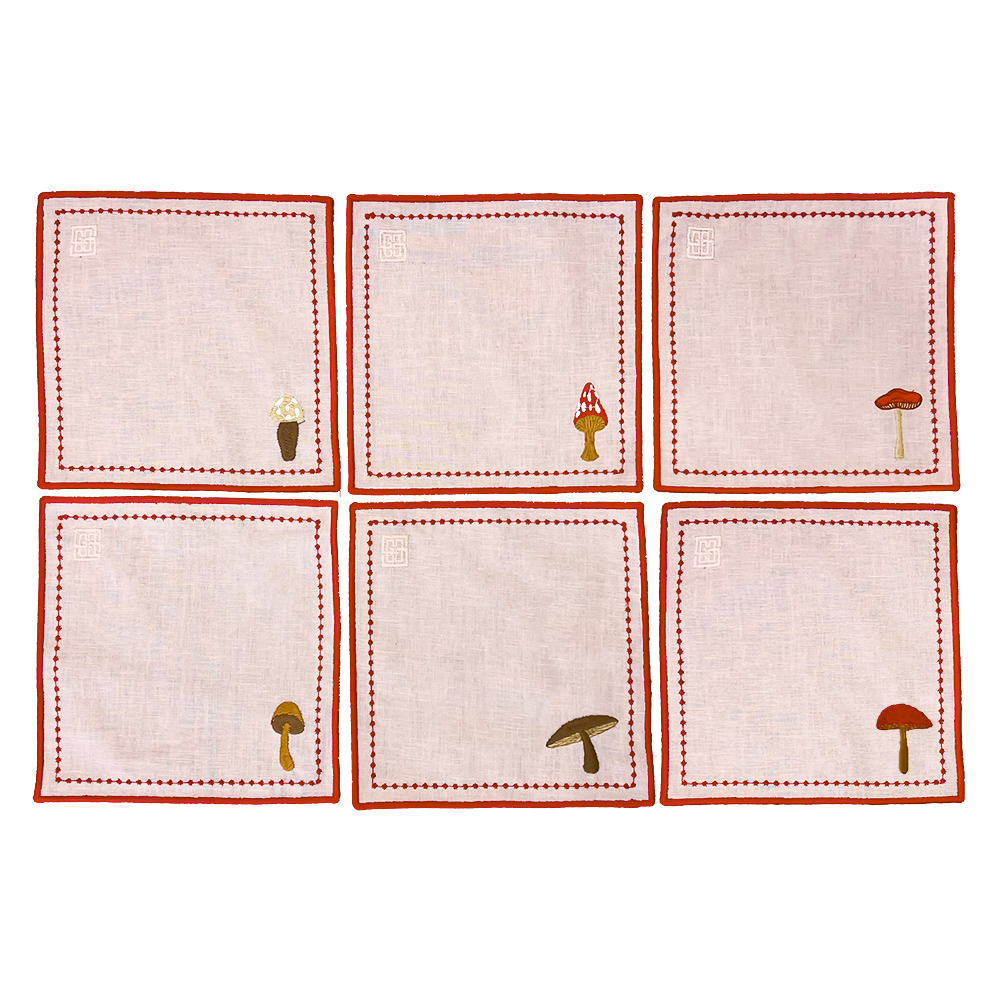 SET GUARDANAPOS DE COQUETEL LINHO PURO COGUMELOS ROSADO 6 PEÇAS 16X16 CM