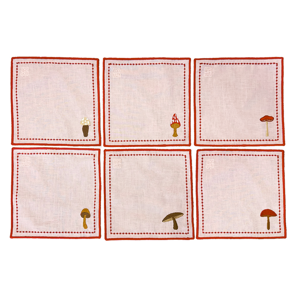SET GUARDANAPOS DE COQUETEL LINHO PURO COGUMELOS ROSADO 6 PEÇAS 16X16 CM