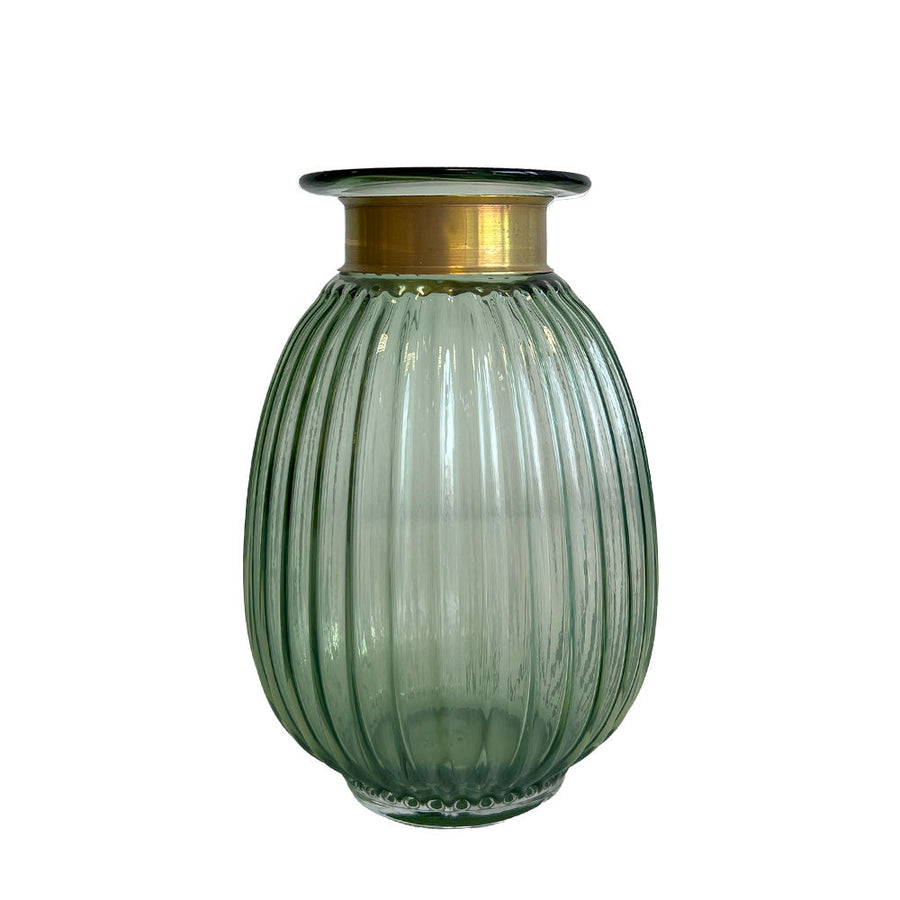 VASO DE VIDRO CANELADO VERDE OLIVA GOLD  10 X25(H) CM