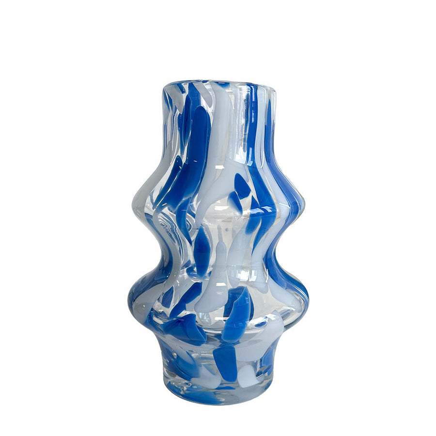 VASO DE VIDRO COM MESCLAS AZUL E BRANCO 14,5 x 23(h) cm