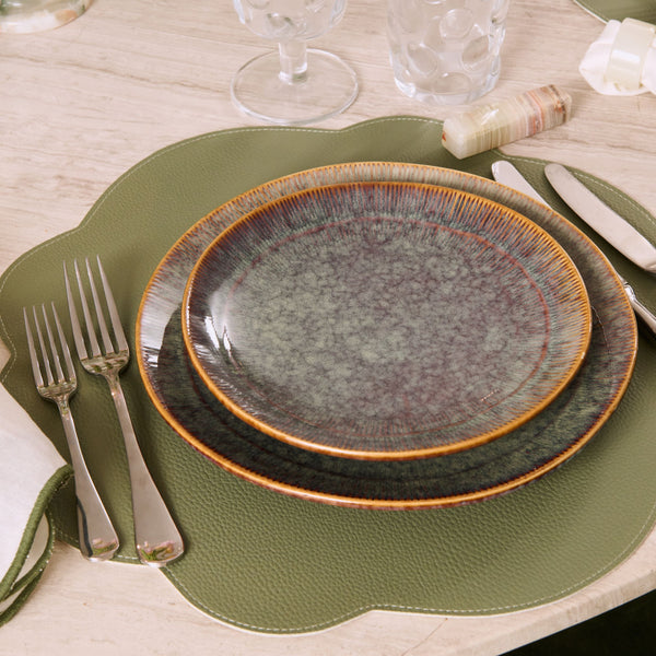 JOGO AMERICANO DUPLA FACE IMPERMEÁVEL REDONDO FLOR BEGE E VERDE 42 CM