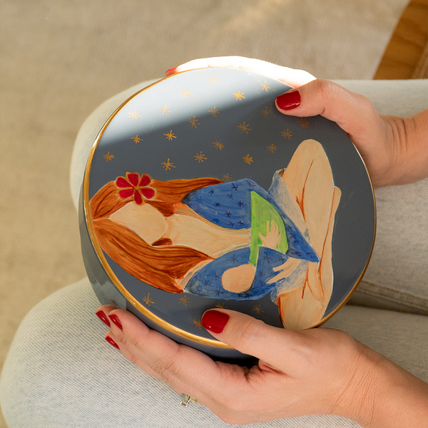 CAIXA PINTADA À MÃO MÃE BEBE AZUL P