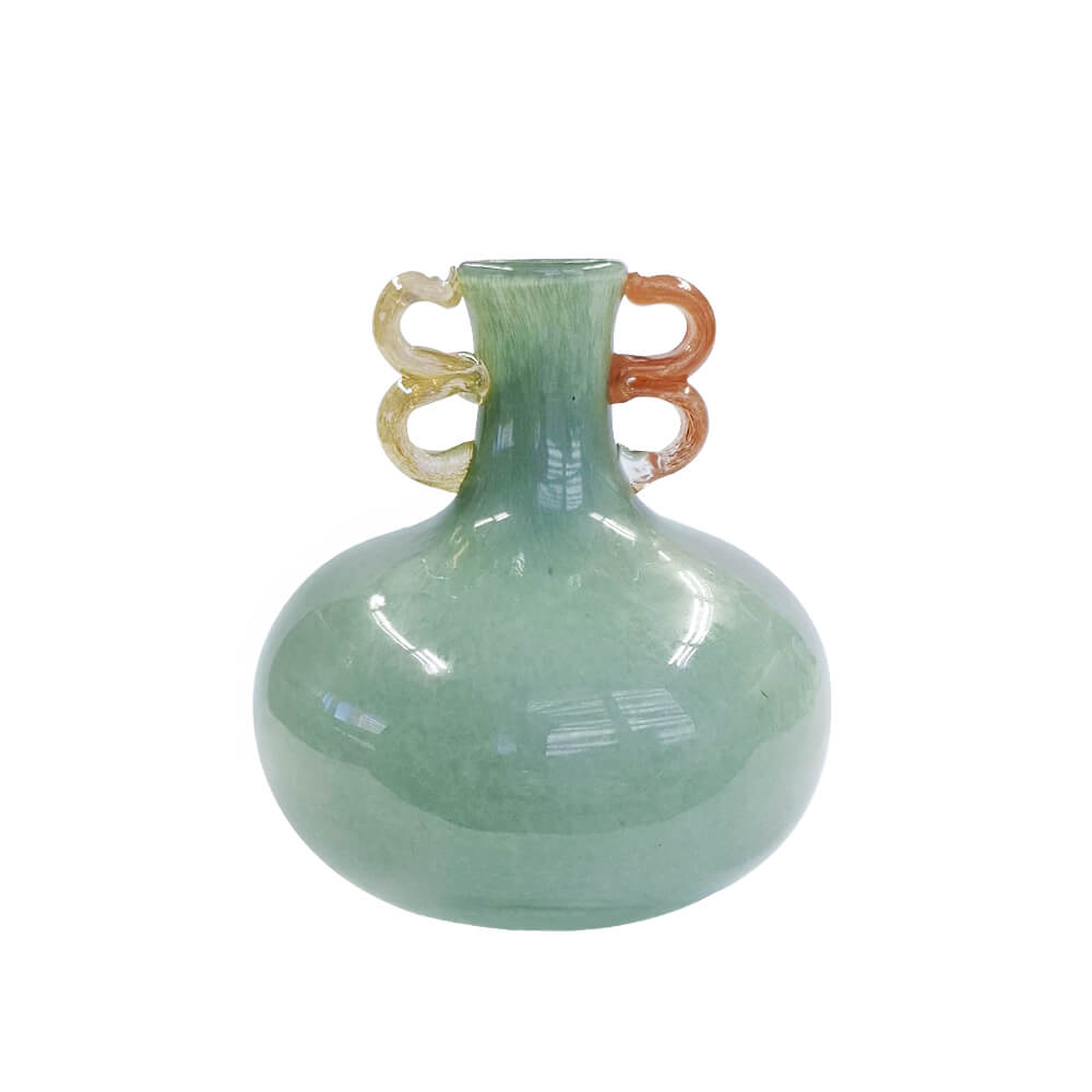 VASO EM VIDRO FUN VERDE COM ALCAS BEGE E LARANJA 25CM