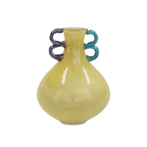 VASO  EM VIDRO FUN BEGE COM ALCAS AZUL E ROXO 23CM