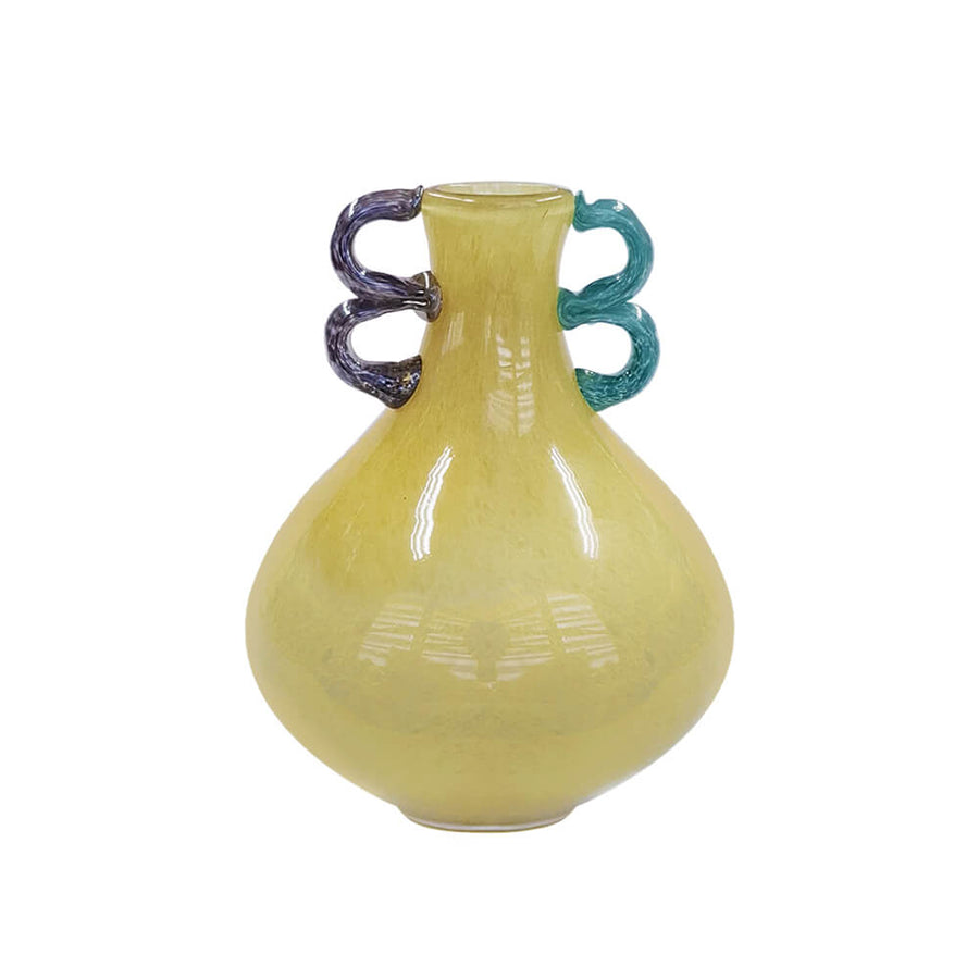 VASO  EM VIDRO FUN BEGE COM ALCAS AZUL E ROXO 20 X 23 (H) CM