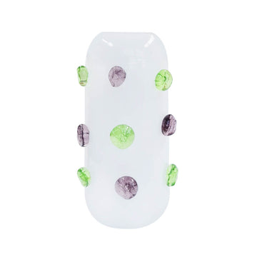 VASO EM VIDRO FUN BRANCO DETALHE VERDE E ROXO  12 X 31 (H) CM