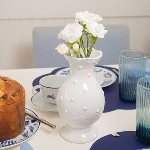 VASO DE CERÂMICA FEITO A MÃO BOLINHAS BRANCA 21CM