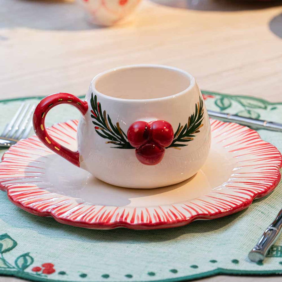 CANECA DE CERÂMICA FEITA À MÃO AZEVINHOS NATAL