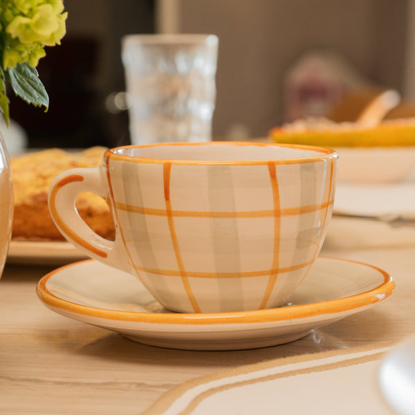 XÍCARA DE CHÁ CERÂMICA PINTADA À MÃO XADREZ