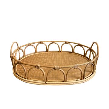 BANDEJA RÚSTICA DE MADEIRA E RATTAN COM ALÇA M 44CM X 34CM X 14CM